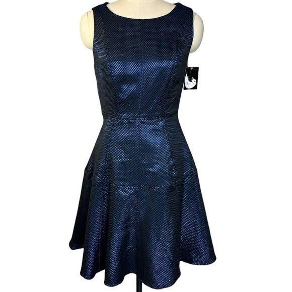 Anthropologie Eva Franco Metallic Blue Fit and Flare Cocktail Dress | Size 8 - Picture 2 of 10